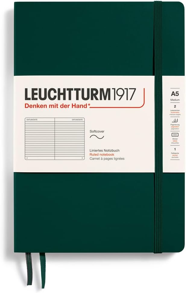 LEUCHTTURM1917 - Notebook Softcover Medium A5-123 Numbered Pages for Writing and Journaling (Forest Green, Ruled)