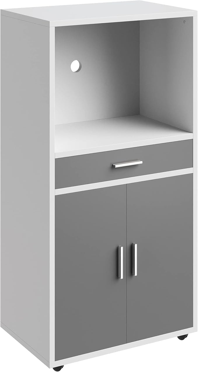 Microwave Stand with Drawer - Rolling Storage Cabinet with Doors and Locking Wheels - Freestanding Kitchen Storage by Lavish Home (White and Gray)