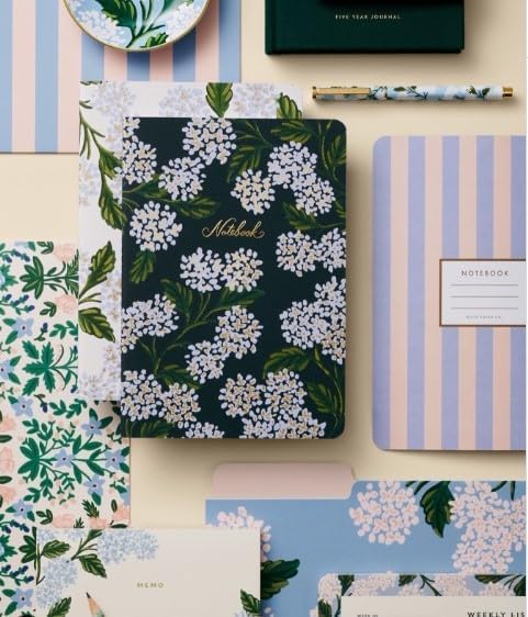 RIFLE PAPER CO. Stitched Notebook Set, 3-Pack Lined Journals with Canvas Paper Cover, Gold Foil Accents & 64 White Ruled Pages, Lay Flat Design | Hydrangea Pattern