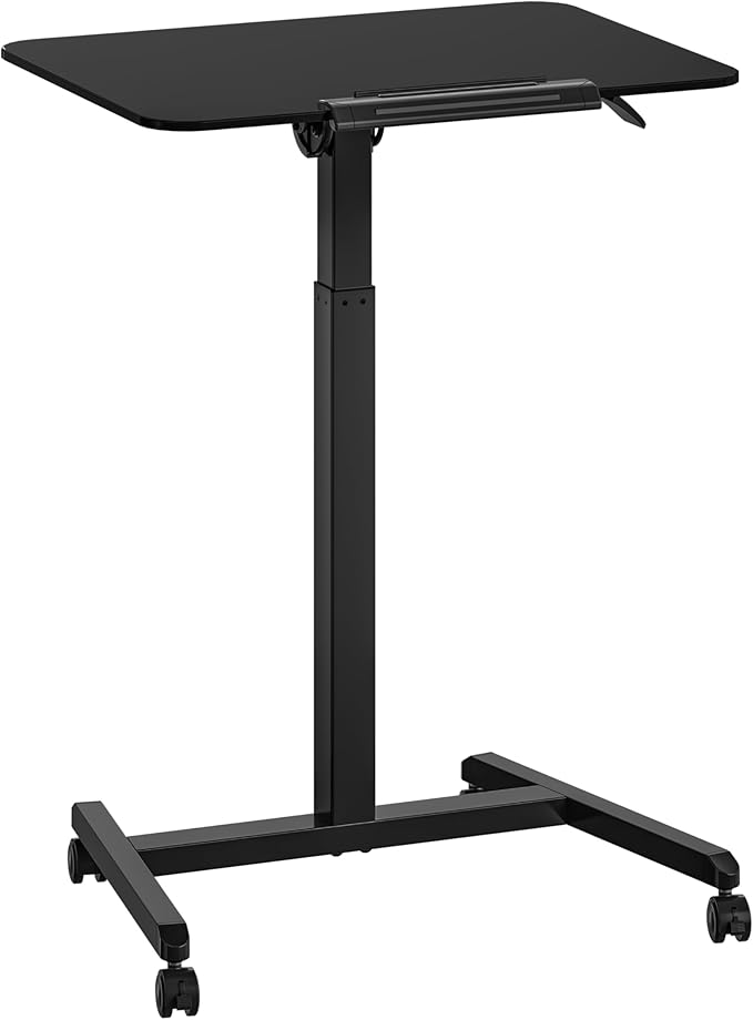 Seville Classics Airlift Height Adjustable Pneumatic Laptop Sit Stand Desk Mobile Rolling Cart, Computer Workstation for Home Office, Classroom, Black, 25.6" Tilting Desktop