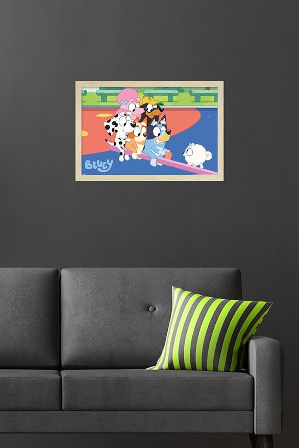Bluey (2018) - Bluey and Friends See Saw Fun Wall Poster, 22.4L" x 14.7W", Blonde Framed Version