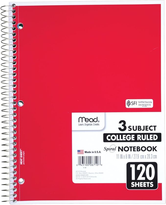 Mead Spiral Notebook, 3 Subject, College Ruled Paper, 8" x 11", 120 Sheets, Color Will Vary (820394-25)