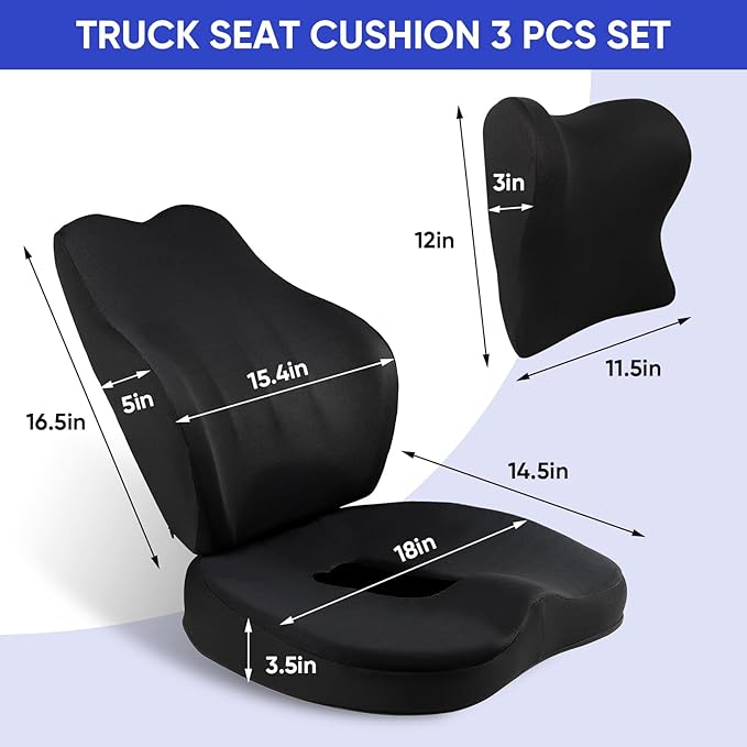 MINUPWELL Truck Seat Cushion, 3PC 100% Memory Foam Seat Cushion for Truck Driver, with Back Support, Semi Truck Accessories for Men Seat - 18x14.5x3.5in, Lumbar Cushion-16.5x15.4x5