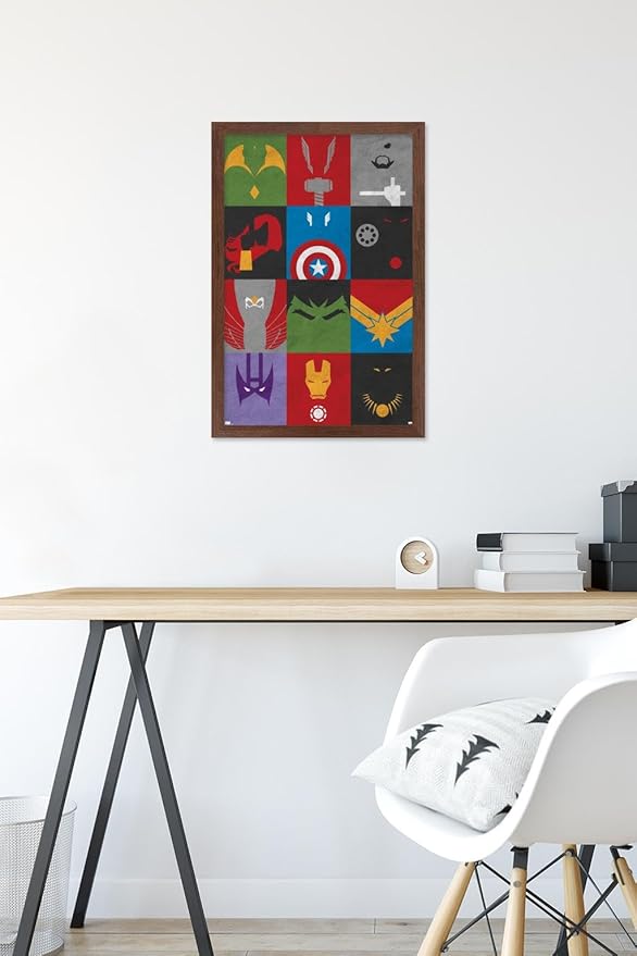 Trends International Marvel Comics - Avengers - Minimalist Grid Wall Poster, 14.725" x 22.375", Mahogany Framed Version