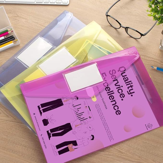 Sooez 5 Pack File Folders, Clear Poly Envelopes Plastic Folders, Folder for Documents Letter A4 Size with Label Pocket, Teacher School Office Supplies Organization Storage, Assorted Color