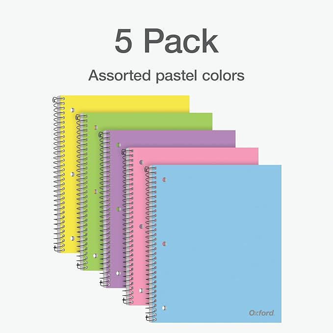 Oxford 1 Subject Spiral Notebook, Notebooks for School, Plastic Covers, Back to School Supplies, Wide Ruled, 100 Sheets, 5 Pack, Assorted Pastel Colors: Blue, Green, Yellow, Pink and Purple (1009292)