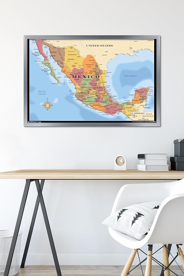 Trends International Map - Mexico Wall Poster, 22.375" x 34", Silver Framed Version