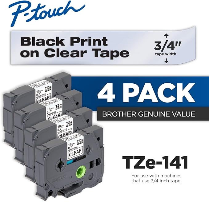 Brother Genuine P-Touch 4-Pack TZe-141 Laminated Tape, Black Print on Clear Standard Adhesive Laminated Tape for P-Touch Label Makers, Each Roll is 0.7"/18mm (~ 3/4") Wide, 26.2 ft. (8M) Long