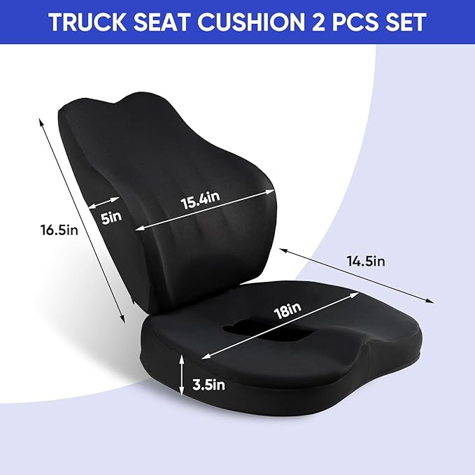 MINUPWELL Truck Seat Cushion, 2PC 100% Memory Foam Seat Cushion for Truck Driver, with Back Support, Semi Truck Accessories for Men -Seat cushion-18x14.5x3.5in, Lumbar Cushion-16.5x15.4x5