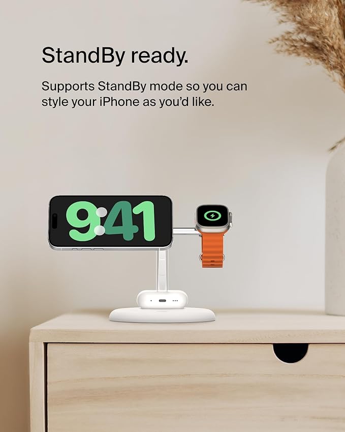 Belkin MagSafe-Compatible 3-in-1 Wireless Charger Stand 15W - Qi2-Certified Wireless Charging Station, Fast Charging of iPhone 16, AirPods, & Apple Watch - 36W Included - White
