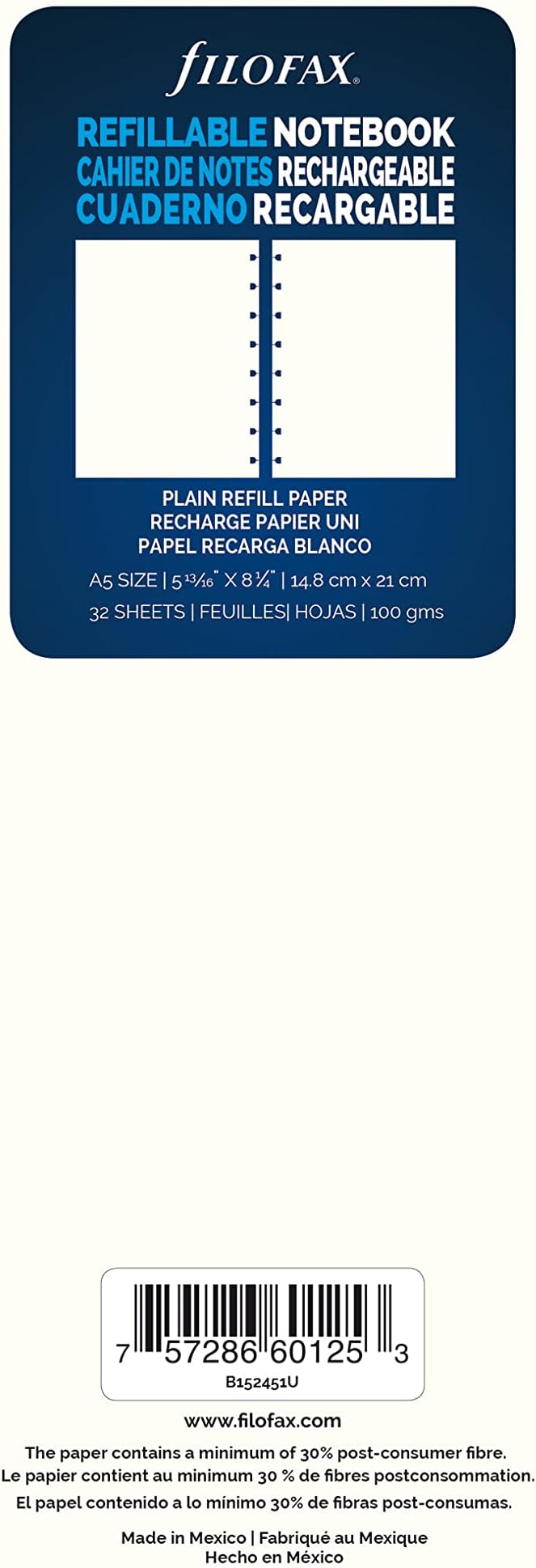Filofax Notebooks A5 Plain Journal Refill, Movable, 8 1/4 x 5 13/16 inches, 32 Cream Sheets Fits Filofax Refillable A5 Journals (B152451U)