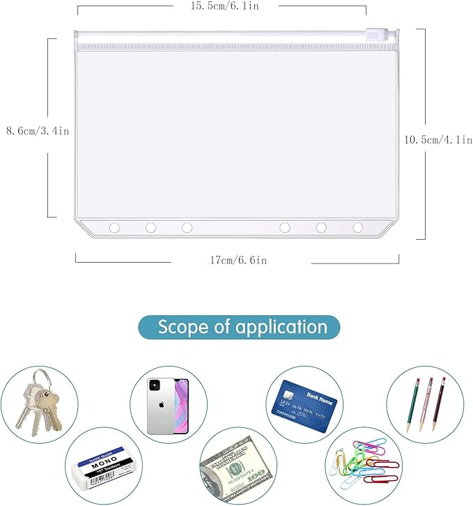 7 Pack A6 6 Holes Binder Pockets Plastic Binder Zipper Folders Waterproof 6 Holes Zipper Loose Leaf Bags Zip Lock Envelope for Documents Notebooks Cards (7 Color Zip Pocket, A6)