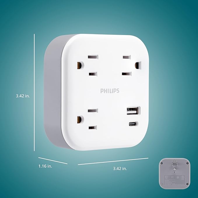 Philips EZFit 3-Outlet Surge Outlet Extender with USB, 1 USB-A, 1 USB-C, Adapter Spaced, Charging Station, 12W, 980 Joules, White - SPP9393W/37