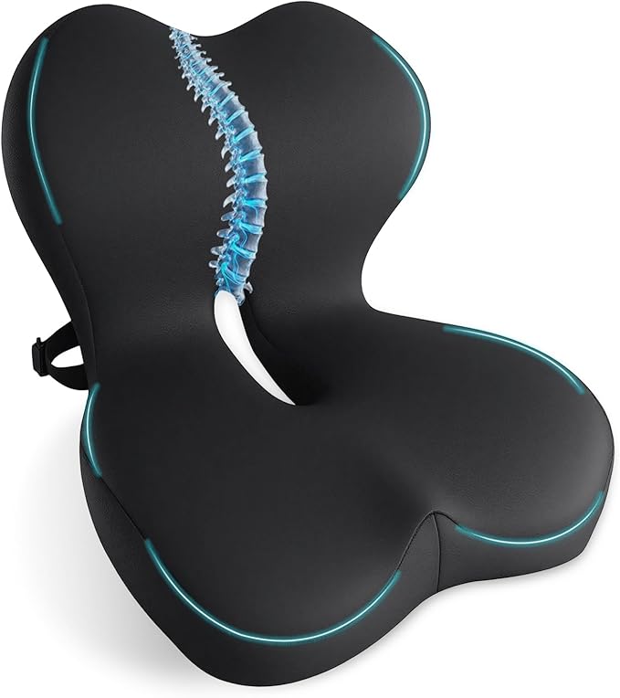 Memory Foam Seat Cushion,Office Chair Cushion with Lumbar Support for Back Pressure Relief, Car Seat Cushion with Adjustable Strap,Sciatica Pad Cushions for Car,Truck, Desk (C-Black)