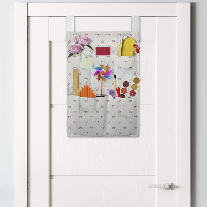 Ambesonne Crown Hanging Pocket Organizer, Mini Cartoon Style Pencil Drawn Inspired Shapes Childish Cartoon Details, Printed Polyester Storage Bag with Pockets, 14" x 20", Purple Off White Mauve