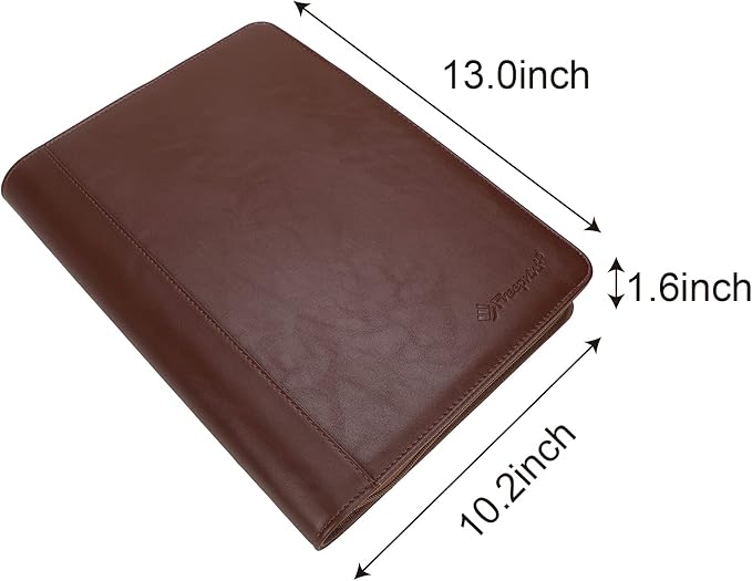 Zippered Portfolio 3 Ring Binder Organizer with Writing Pad Legal Size Letter - PU Leather Padfolio Document Organizer for Interview Business,Brown
