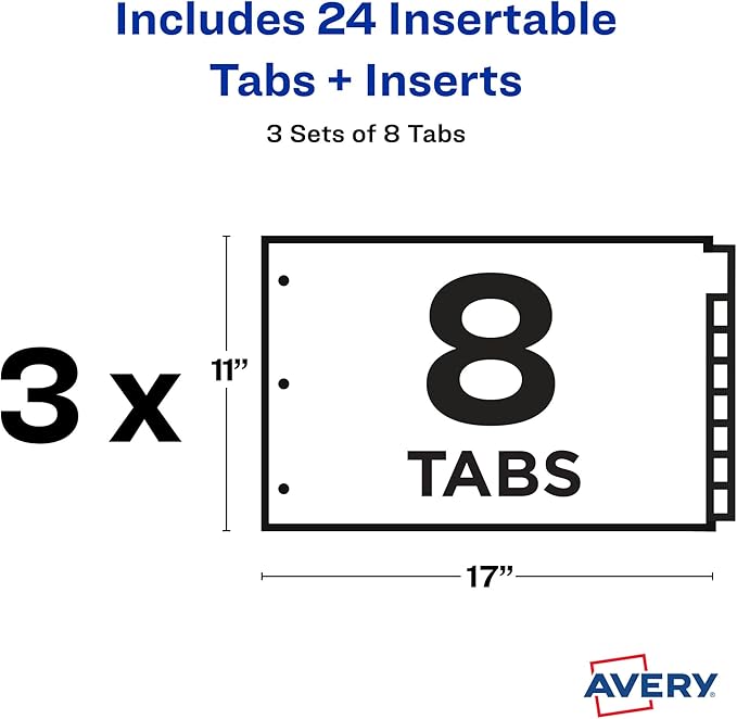 Avery Dividers for 3 Ring Binders, 8-Tab Plastic Binder Dividers, 11" x 17", Insertable Big Tabs, Multicolor (3 Sets of 11179)