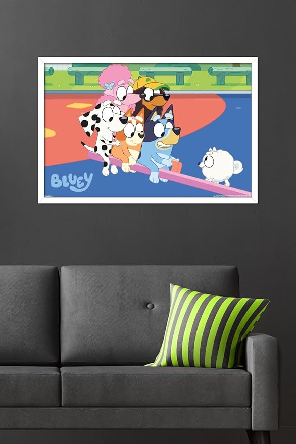 Bluey (2018) - Bluey and Friends See Saw Fun Wall Poster, 34L" x 22.4W", White Framed Version