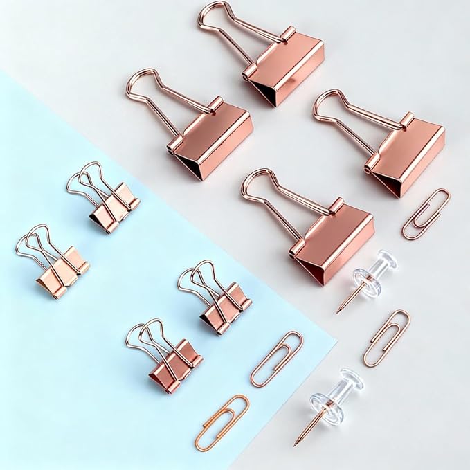 Cute Office Supplies Rose Gold, Paper Clips, Binder Clips and Push Pins Set, Paper Organizer Clips with Storage Box