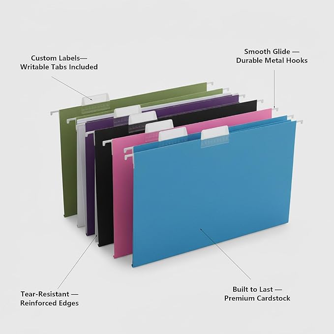 25 Packs Hanging File Folders,Assorted Color Letter Size File Folder,Designed for Bulky Files,Filing Cabinet,1/5 Adjustable Tabs for Office,School,Home(Black,Blue,Pink,Purple,Standard Green)