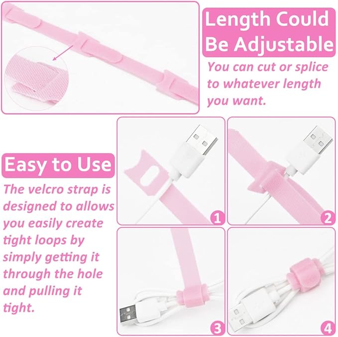 70pcs Cable Ties Reusable Pink Wire Ties Cable Management Cord Ties Reusable for Electronics Hook and Loop Cable Ties for Computer 4 6 8 Inch