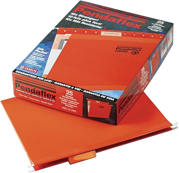 Pendaflex Reinforced Hanging File Folders, Letter Size, Orange, 1/5 Cut, 25/BX (4152 1/5 ORA)