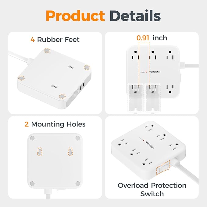 TESSAN Surge Protector Power Strip 2100J, 5 Ft Flat Plug Extension Cord with Multiple Outlets, 4 USB (2 USB C) 6 Outlets, 1875W 15A, 20W Multiple Desk Charging Station for Home, Office, Dorm Room