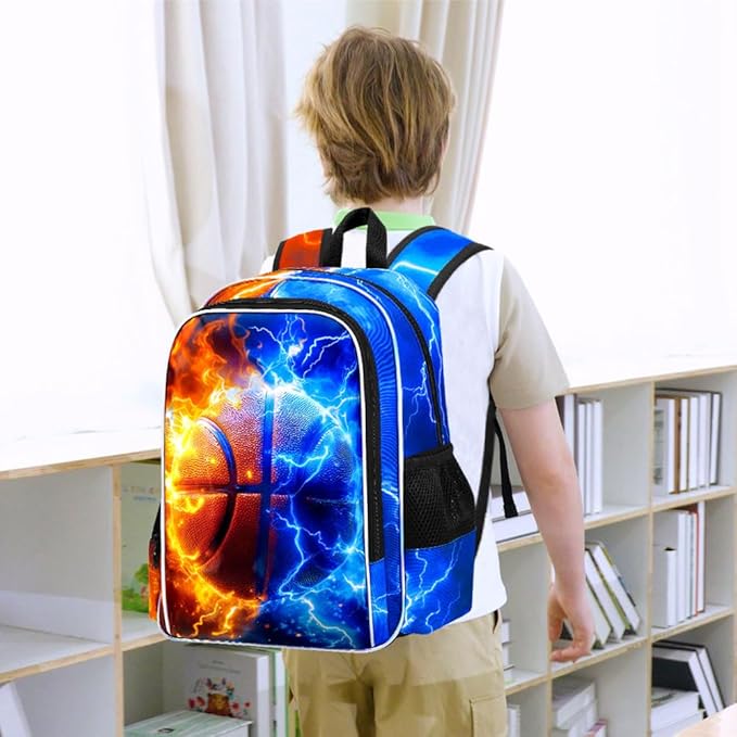 gxtvo 3PCS Boys Basketball School Backpack, 17" Kids Bookbag with Lunch Box, Water Resistant Middle Elementary School Bag - Fire & Lightning Basketball