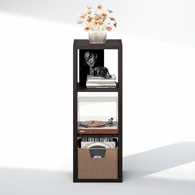Furinno Cubicle Record Player Stand with Vinyl Storage, 3-Cube 1.2 Extra Thick Vinyl Record Storage, Open Back Media Shelf for CD DVD Blueray Game Disc, for Living Room, Home Office, Black Dark Oak