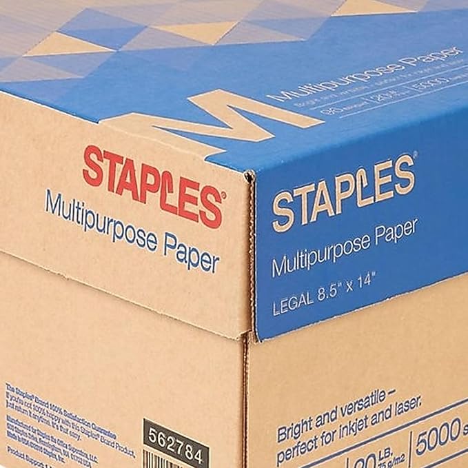 Staples Multipurpose Paper, 8 1/2 inch x 14 inch, Case, For Office, School & Home