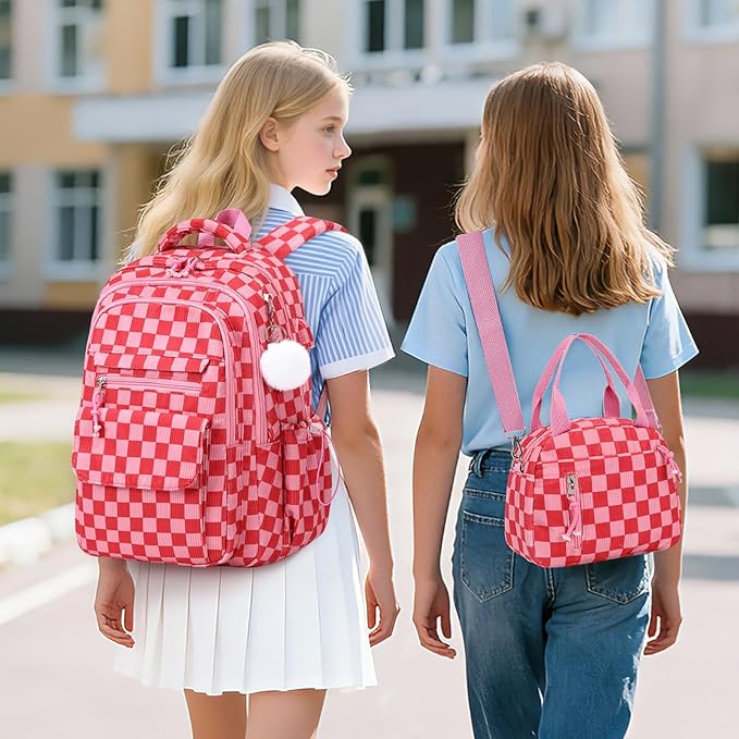 Bevalsa Backpack for Gilrs, 3PCS Corduroy Kids Backpack Set with Lunch Box & Pencil Pouch, Bookbag Daypack Laptop Bag for Women Teens Elementary Middle High School