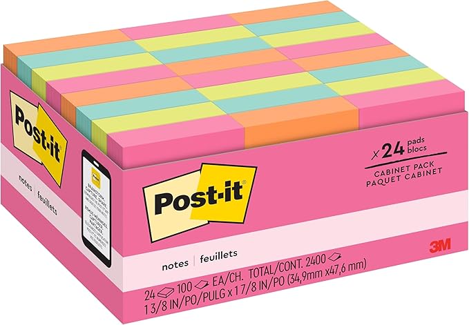 Post-it Mini Notes, 1 3/8 x 1 7/8 in, 24 Pads, America's #1 Favorite Sticky Notes, Poptimistic Post-it Notes, Power Pink, Aqua Blue, Vital Orange, Neon Green, Guava Pink (2 Pack)