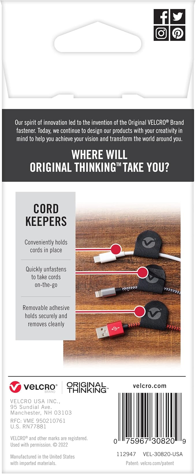 VELCRO Brand Cord Keepers | Charging Cord Organizer, Cord Holder for Nightstand, Desk | Removable Adhesive Backing | Soft Nylon Cable Clips | 5pk, Black (Pack of 2)