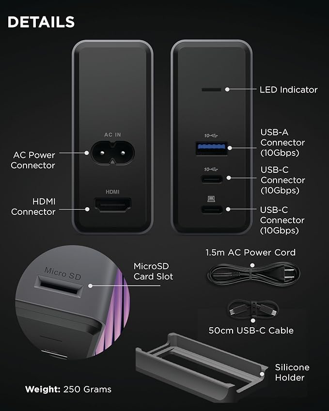 Lenovo GaN Charging Dock, Multiport Docking Station w/ 60W PD, HDMI, USB-C, USB-A, Micro SD, Power Adapter & Dock in One, Compact Design, Sustainable Materials, Home Office Gaming Dock Stand Console