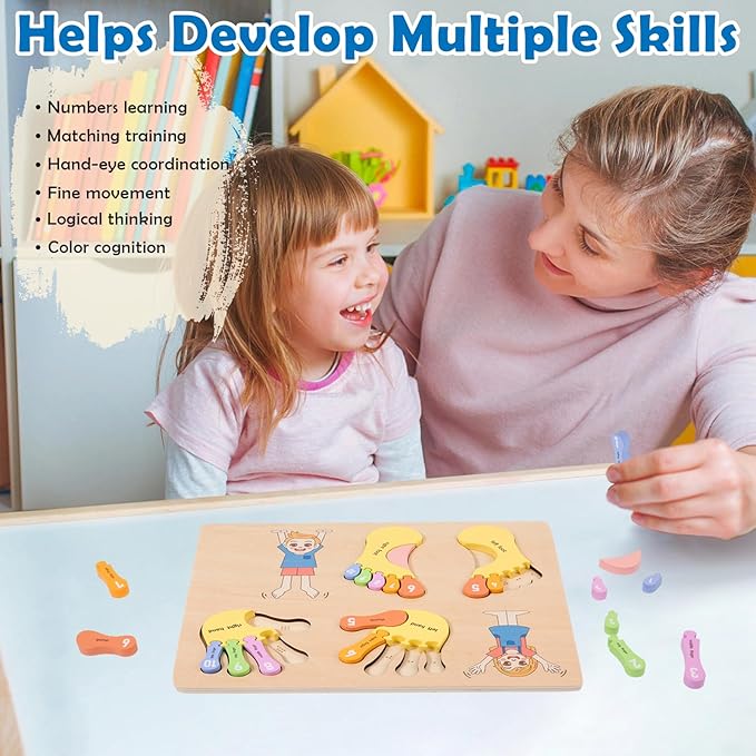 Adena Montessori Number Counting Blocks - Wooden Hands and Feet Shape Toy for Kids, Sorting & Counting Math for Home Classroom, Learn Numbers & Left and Right with Safe Wooden Blocks for Toddlers 3-4