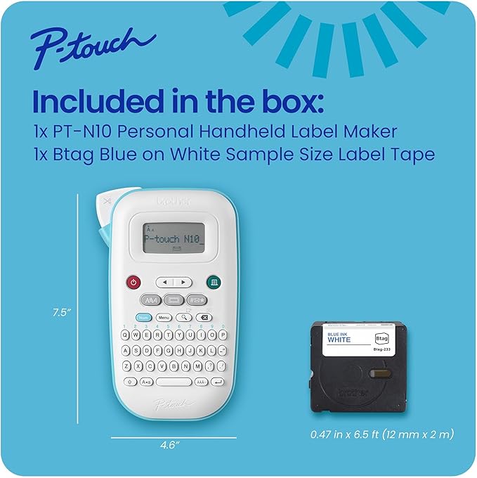 Brother P-Touch PT-N10 Personal Handheld Label Maker,Portable and Prints,P-Touch Btag ~½” (12mm) Wide Color Personalized Label Tapes,(Pack of 3)
