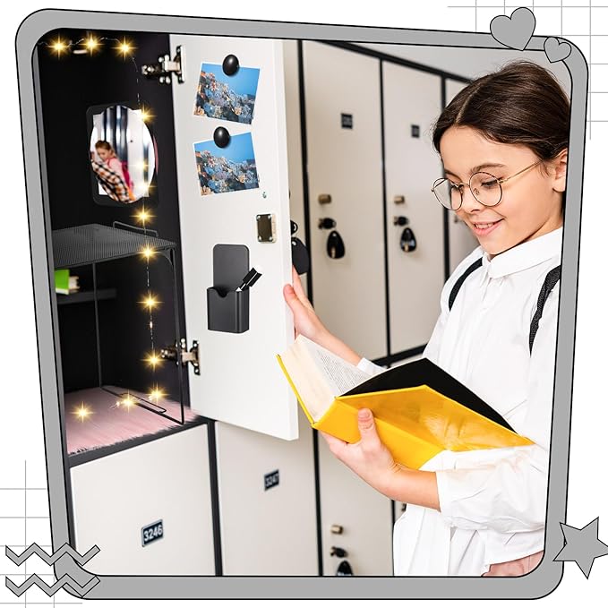 Patelai 11 Pcs Locker Accessories Kit Included Locker Shelf Magnetic Mirror Pen Holder Whiteboard Marker Faux Fur Rug Light String and Magnet for Back to School Essentials(Black)