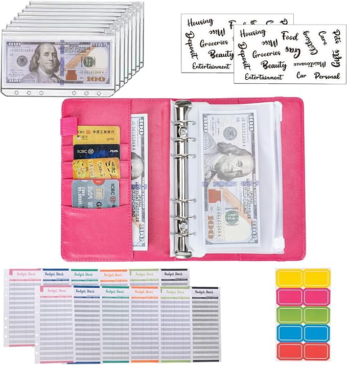 NICOOTHBudget Binder Cash Envelopes A6 Money Saving Binder with Zipper envelopes (A6 Rose red)