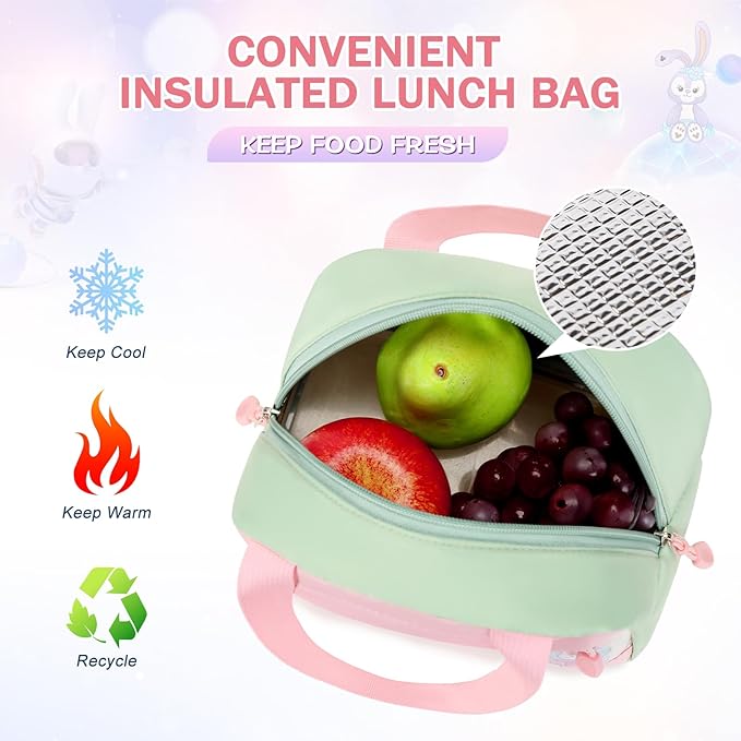 Girls Backpack Set, 3PCS School Backpack for Girls, Kawaii Bunny Kids Backpacks for Girl Kindergarten Elementary School Preschool Travel Daycare Bookbag with Lunch Box Pencil Box Green