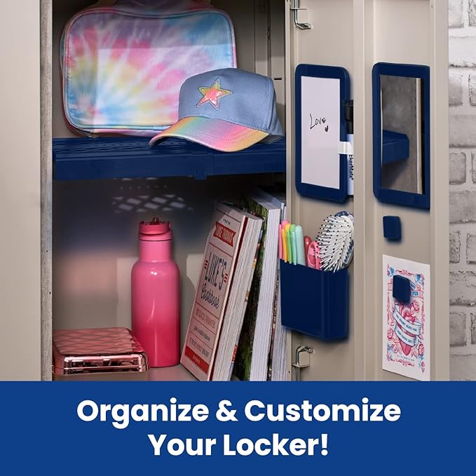 LockerMate 6-Piece Locker Organizer Kit, Includes Mirror, Whiteboard, Storage Cup & Dry Erase Marker, Navy