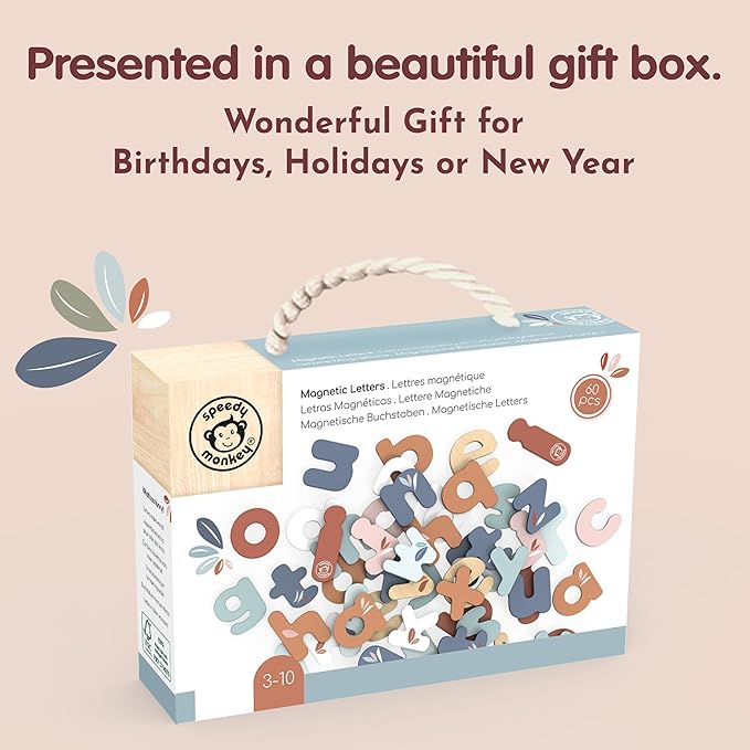 SPEEDY MONKEY Multicolor Magnetic Letters Set β 60 PCS FSC Wooden Lowercase Alphabet Magnets for Kids, Fun Educational Toy for Toddlers & Preschoolers, ABC Learning Tool Kit for Whiteboard & Classroom