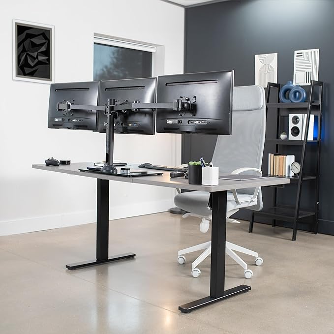 VIVO Black Triple Monitor Mount Freestanding Desk Stand with Glass Base, Heavy Duty Fully Adjustable Stand for 3 Screens up to 24 inches STAND-V003FG