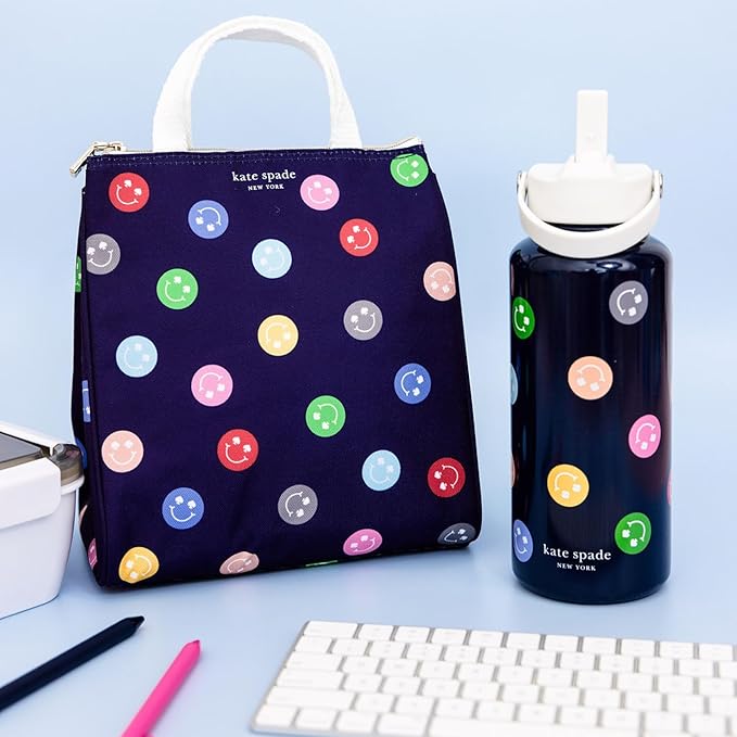 kate spade new york Cute Lunch Bag for Women, Large Capacity Adult Lunch Box with Silver Thermal Insulated Interior Lining and Storage Pocket (Spade Smiley)