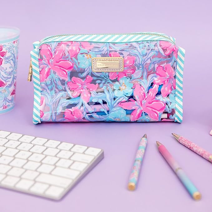 Lilly Pulitzer PVC Zipper Pouch, Cute Pencil Case for Adults, Travel Toiletry Bag, Small Pouch Bag for Supplies, Makeup or Toiletries (Beachside Haven)