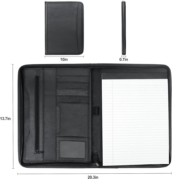 Godery Zippered Padfolio Portfolio Binder, Leather Business Portfolio, & 8.5 x 11 Legal Pad, Office Supplies Organizer, Black Zippered Pocket, Planners, Resume, Briefcase for Travel and Interview