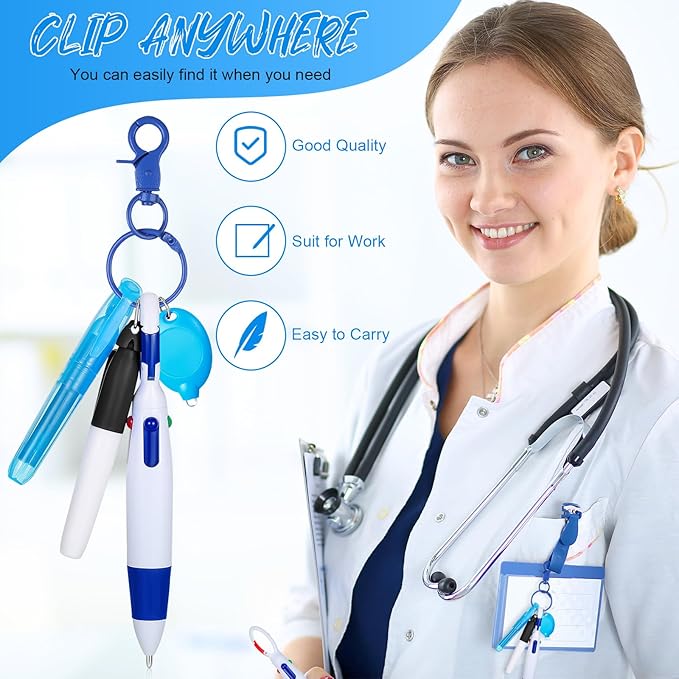 Chinco 30 Pcs Retractable Shuttle Pen Clip with Mini Highlighter Nurse Badge Pen Neon Marker LED Keychain Ring Clip