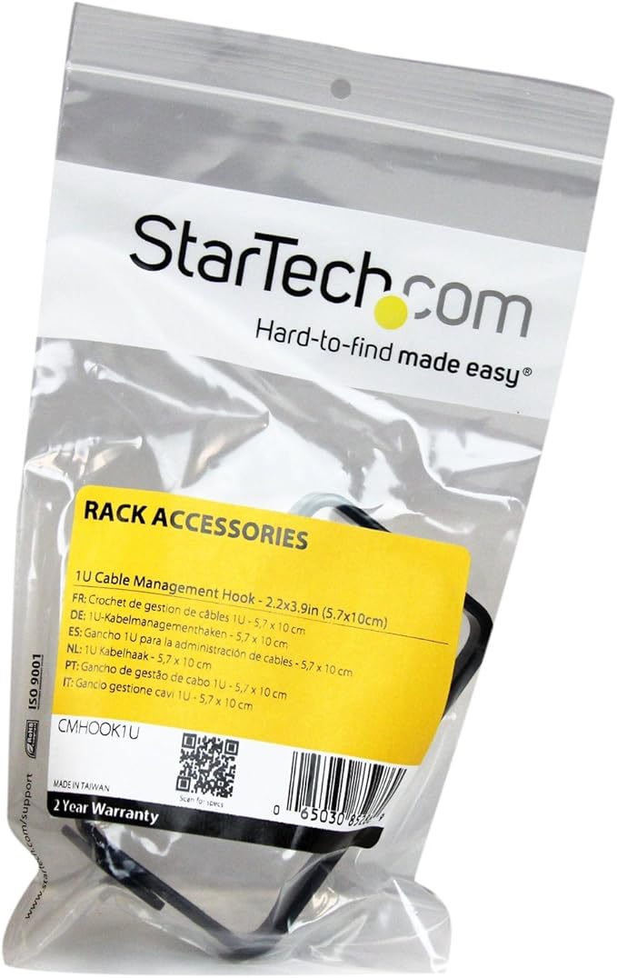 StarTech 1U Vertical 2.2 x 3.9in (5.7 x 10cm) Server Rack Cable Management D-Ring Hook; Network Rack-Mount Cord Organizer; Cable Manager for 19" and 10" Cabinets