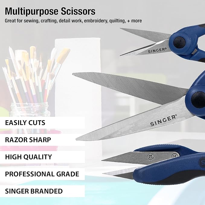SINGER ProSeries Sewing Scissors Bundle: 8.5" Heavy Duty Fabric, 4.5" Detail Embroidery, 5" Thread Snips With Comfort Grip (Dark Blue)