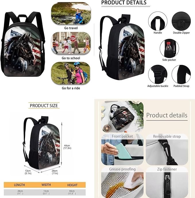 American Flag Kids Backpack Set of 3, Horse School Backpacks for Boys Elementary Middle High School with Insulated Lunch Bag Kawaii Cute Pencil Case, Black
