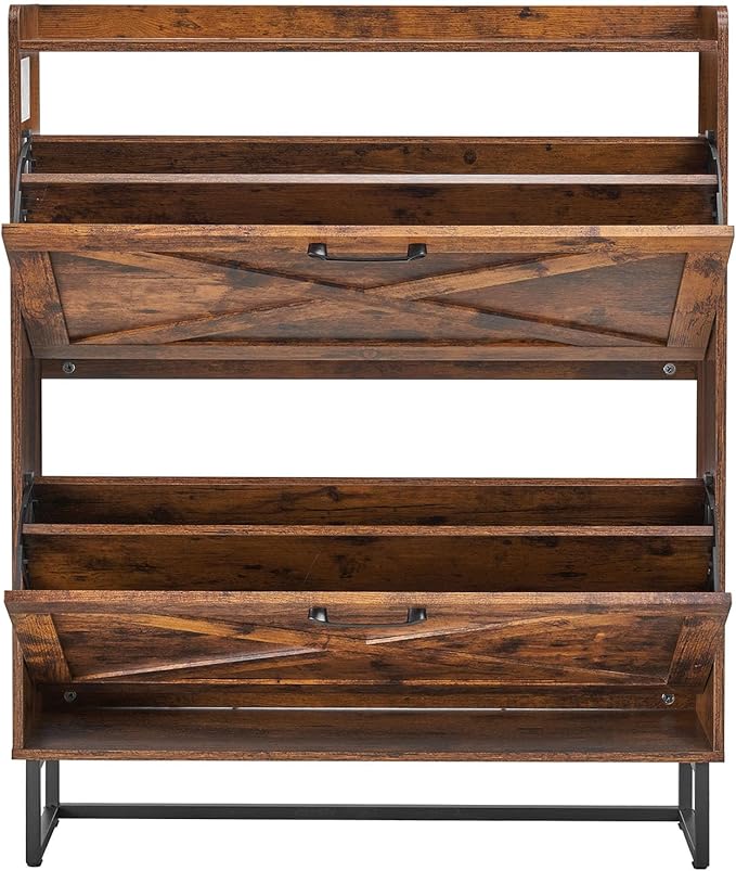 VEVOR Shoe Cabinet with 2 Flip Drawers, Farmhouse Shoes Storage Cabinet with Metal Legs and Anti-Tipping Device, Freestanding Shoe Organizer Ideal for Entryway, Hallway, Bedroom, Living Room, Brown